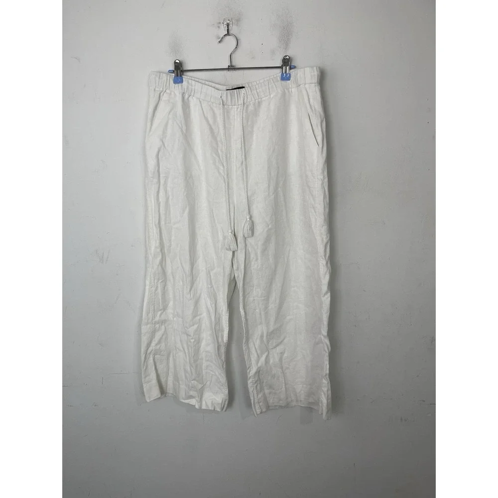 Banana Republic White Linen Blend Wide Leg Crop‎ Pants Tassel Drawstring Large
